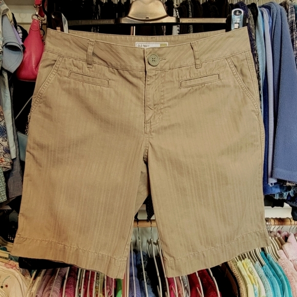 OLD NAVY ♡ Sweet Military Green Cotton Low Waist Bengal Striped Bermuda Shorts 6 - Picture 6 of 16